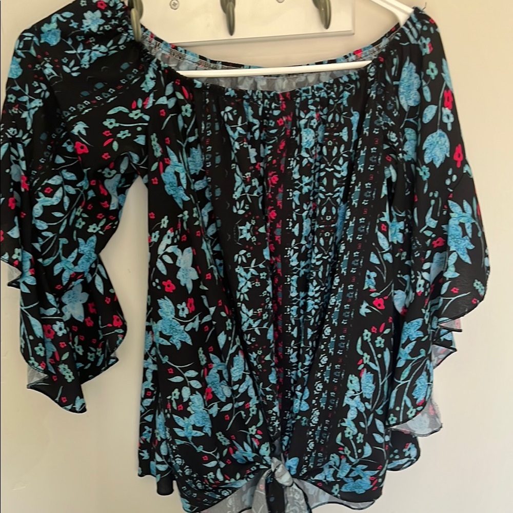 Floral Off-Shoulder Top - Black and Blue